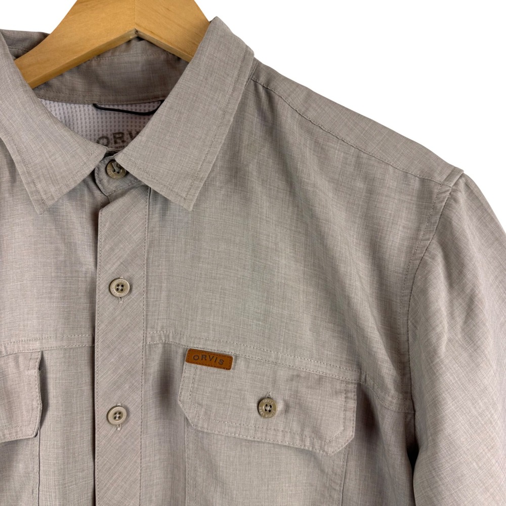 Orvis Button Down Shirt Men Large Tan Short Sleeve Vented Mesh Lined Utility